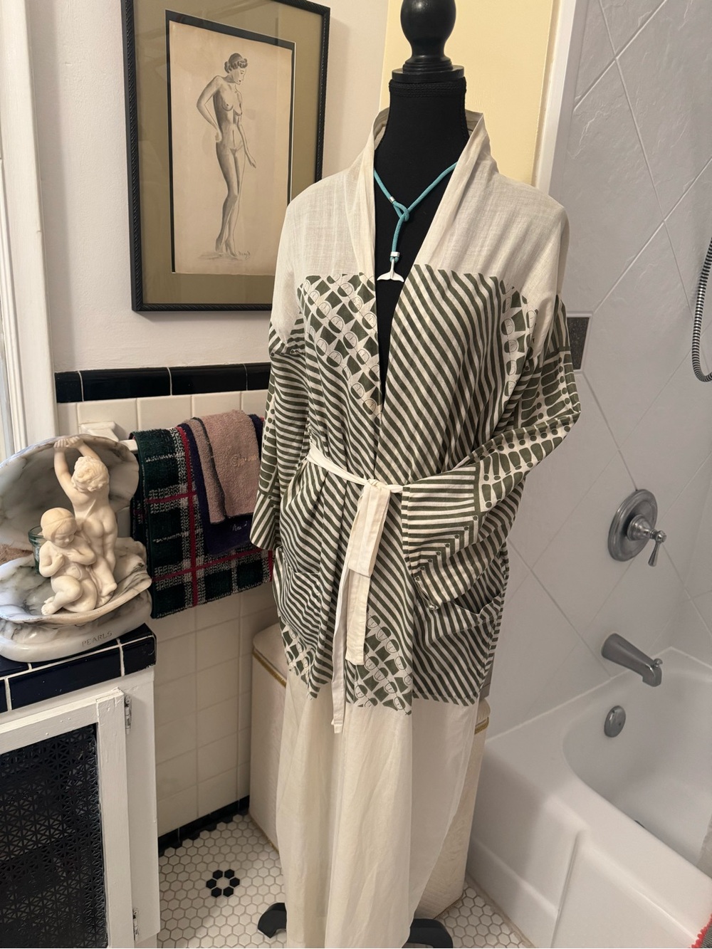 Evan Picone Olive and White Striped Tie-Belt Swim Coverup - Picture 3 of 10